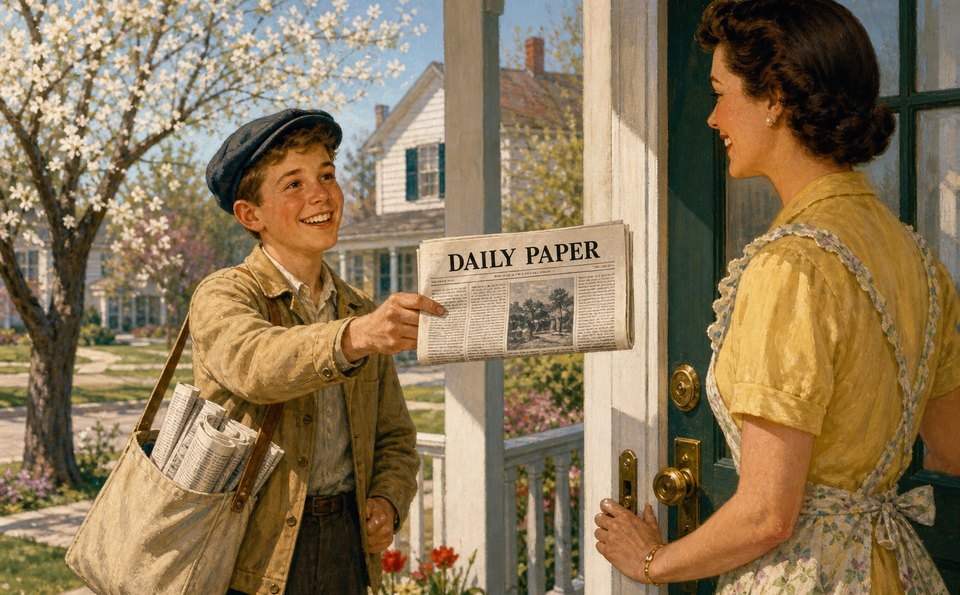 Paper's Here! paper boy delivering the daily paper