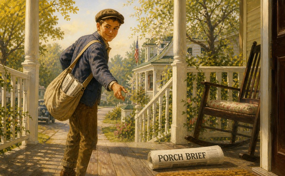 Paper's Here! paper boy with spring papers — morning news brief brand art